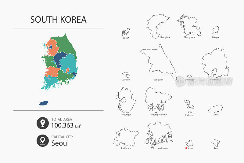 韩国地图与详细的国家地图。地图元素的城市，总面积和首都。