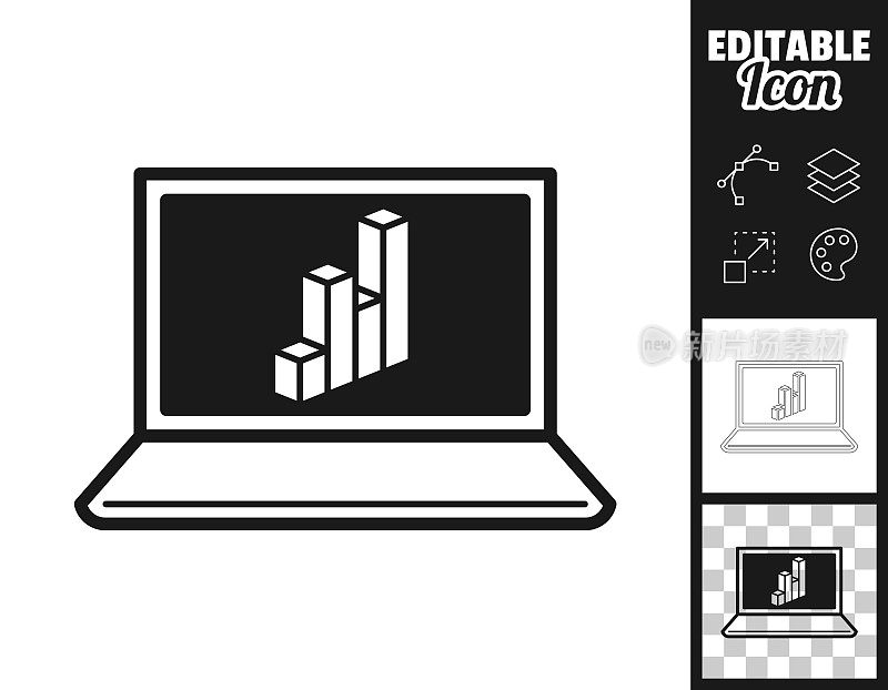 带3D图表的笔记本电脑。图标设计。轻松地编辑