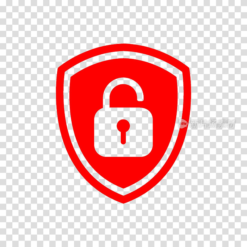 红色盾牌图标解锁挂锁。矢量插图与透明背景上的符号。