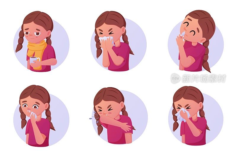 孩子感冒。流鼻涕。鼻炎和鼻塞症状。孩子感冒了。鼻手帕。呼吸系统疾病或水过敏。女孩咳嗽打喷嚏。矢量圆图标集