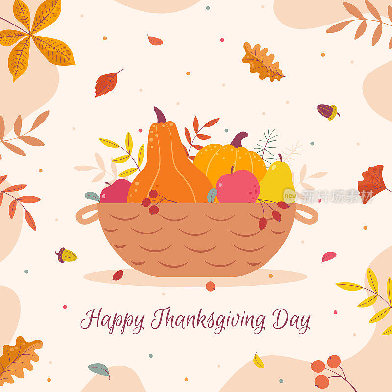 感恩节。秋收节的横幅，贺卡和一篮子南瓜，苹果，浆果和树叶。可爱的平面矢量插图。