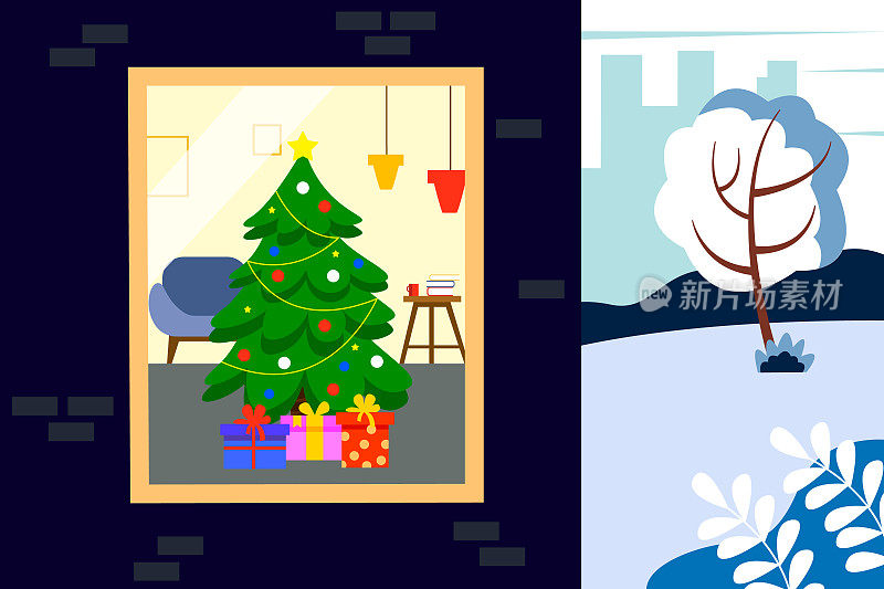 新年的室内有一棵圣诞树，礼物和家具通过窗户。卡通风格。