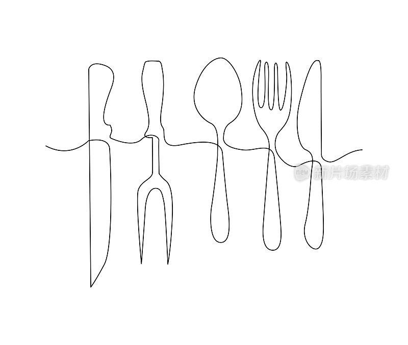 餐具组连续单线绘图。匙、刀、叉简单线条艺术矢量设计。