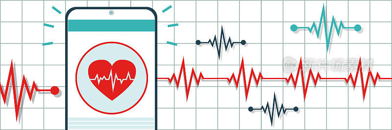 平面风格的心脏病学、医疗保健和急救概念。手机和心脏的脉搏在孤立的白色背景。