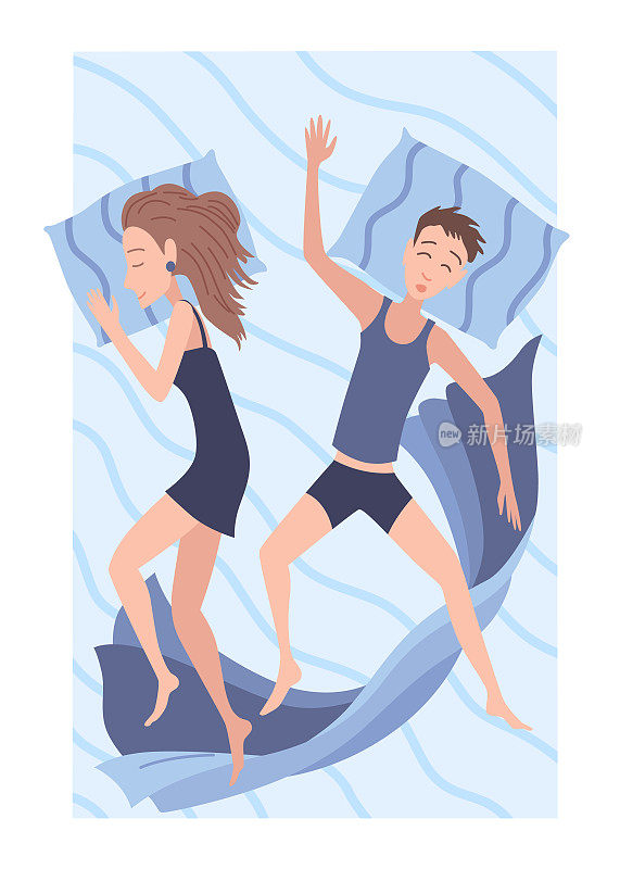 让人们睡在床上。人物在夜间睡眠时的躺姿。俯视图睡觉的夫妇在卧室。女性和男性夜间做梦的姿势