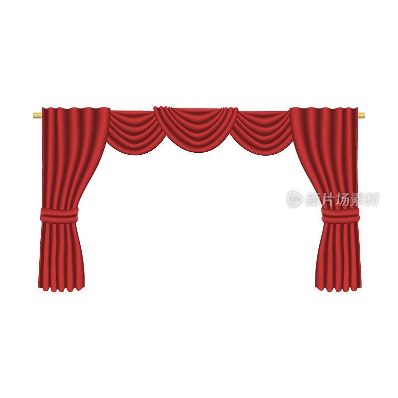 开大开大的窗帘由红色织物制成的卡通矢量插画。豪华窗帘和舞台，电影或歌剧窗帘。婚礼封套装饰