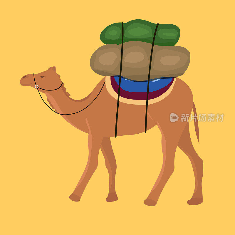 骆驼与货物隔离在背景上。矢量插图。