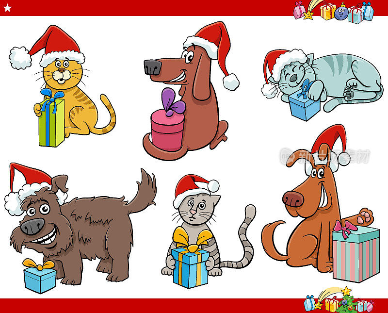 卡通猫狗和圣诞礼物套装