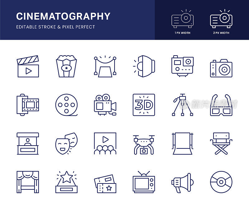 电影摄影线图标。这个图标集包括板式，红地毯，3D，电影卷轴，电影摄像机等。