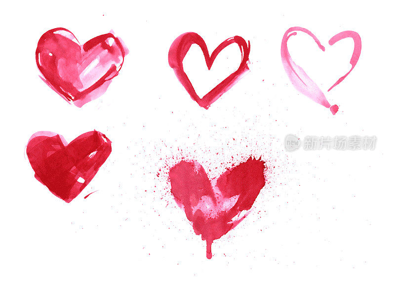 一套红色和粉红色的心手绘丙烯颜料在纸背景-抽象插图矢量与爱的形状-填充轮廓飞溅划痕混乱彩色涂鸦与原始纹理效果