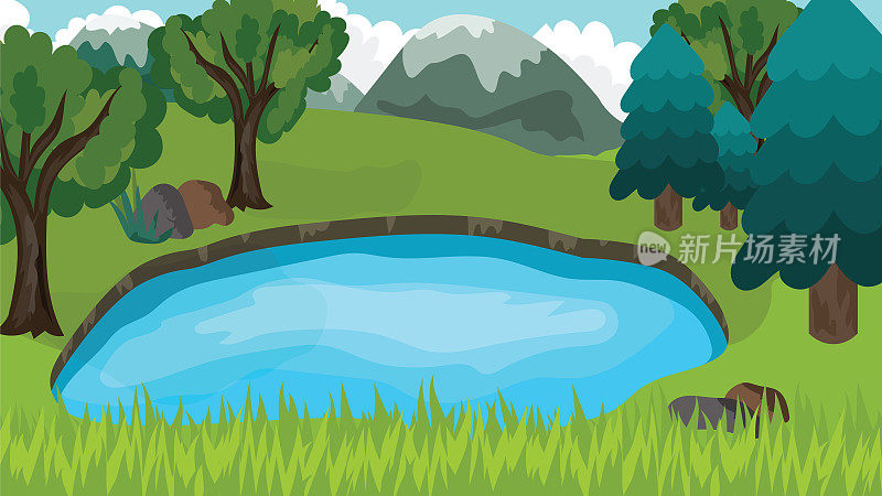 池塘在大自然中以卡通的平面风格。山上有小森林湖景观。