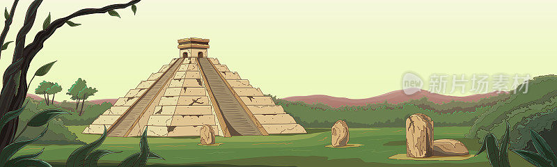 玛雅金字塔全景图。考古地标，墨西哥文化古庙。野生动物场景，丛林，废墟。手绘，提纲。视差场景效果。矢量插图。