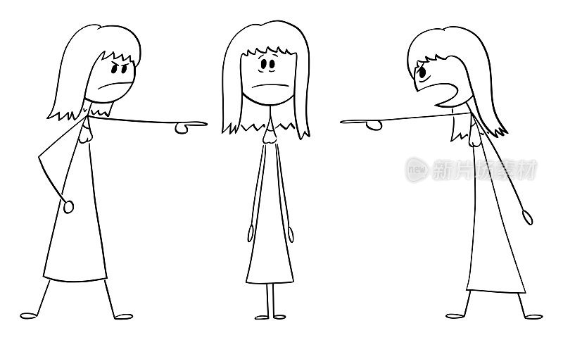 女人指责或指责另一个女孩，矢量卡通简笔画插图