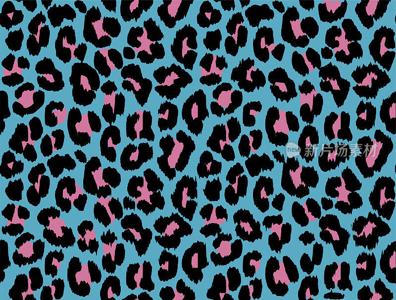 豹斑在蓝色和粉红色，野猫的皮毛图案。动物图案设计。