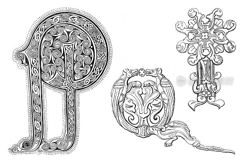 盎格鲁-撒克逊装饰字母和装饰品(8世纪至10世纪之间)-复古雕刻插图