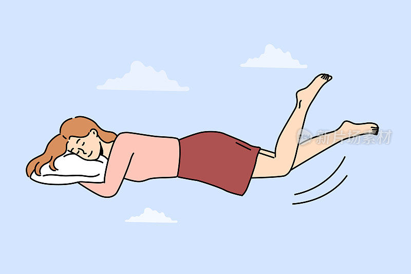 幸福的女人在空中飘浮着睡在枕头上
