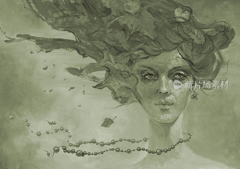 绿色的插图油画，一个女孩的发型，春天的树叶和成熟的浆果珠对着天空
