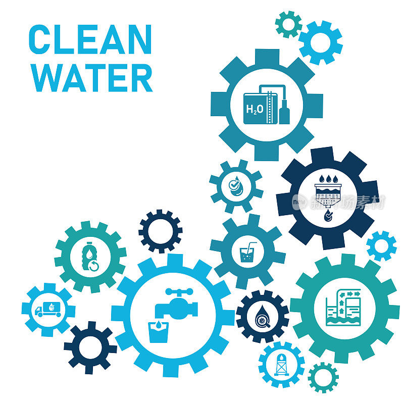 水处理矢量插图。水净化和检测、污水处理和回收、卫生和清洁饮用水。