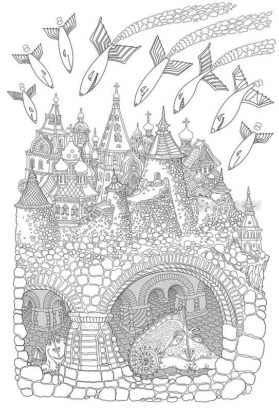 突袭梦幻般的巡航怪物在一个童话般的中世纪城堡小镇，龙地下避难所。涂色书页