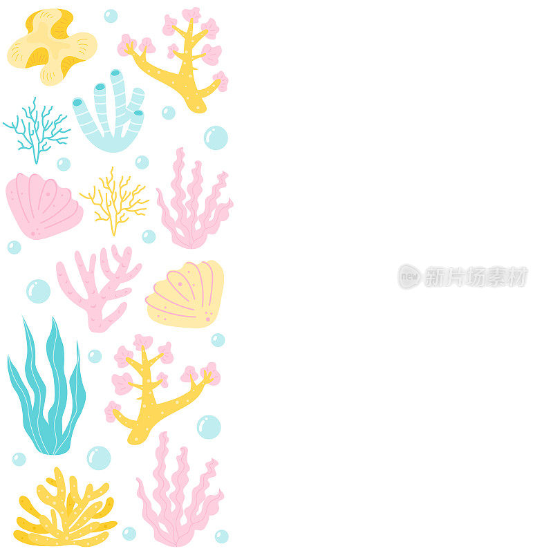 背景与各种类型的珊瑚礁，藻类和海藻。水下珊瑚礁和海带手绘涂鸦风格。海洋水族植物插图。向量组