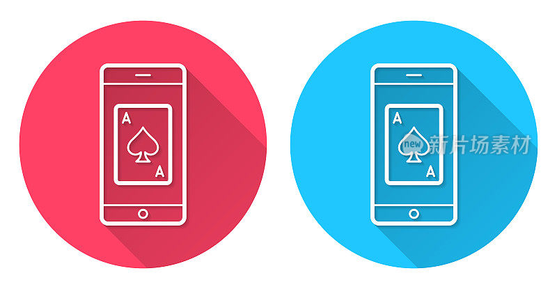带扑克牌的智能手机。圆形图标与长阴影在红色或蓝色的背景