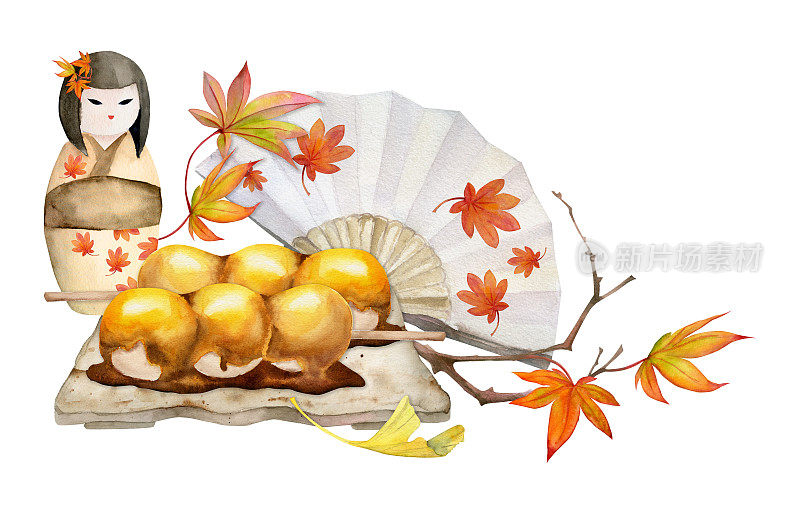 手绘水彩画的日本传统糖果。陶瓷菜，秋季内里，麻糬，大福。孤立在白色背景上。设计邀请，餐厅菜单，贺卡，印刷，纺织品