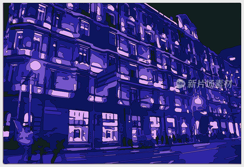 轮廓风格霓虹灯色超宇宙卡通户外场景，建筑街道在城市