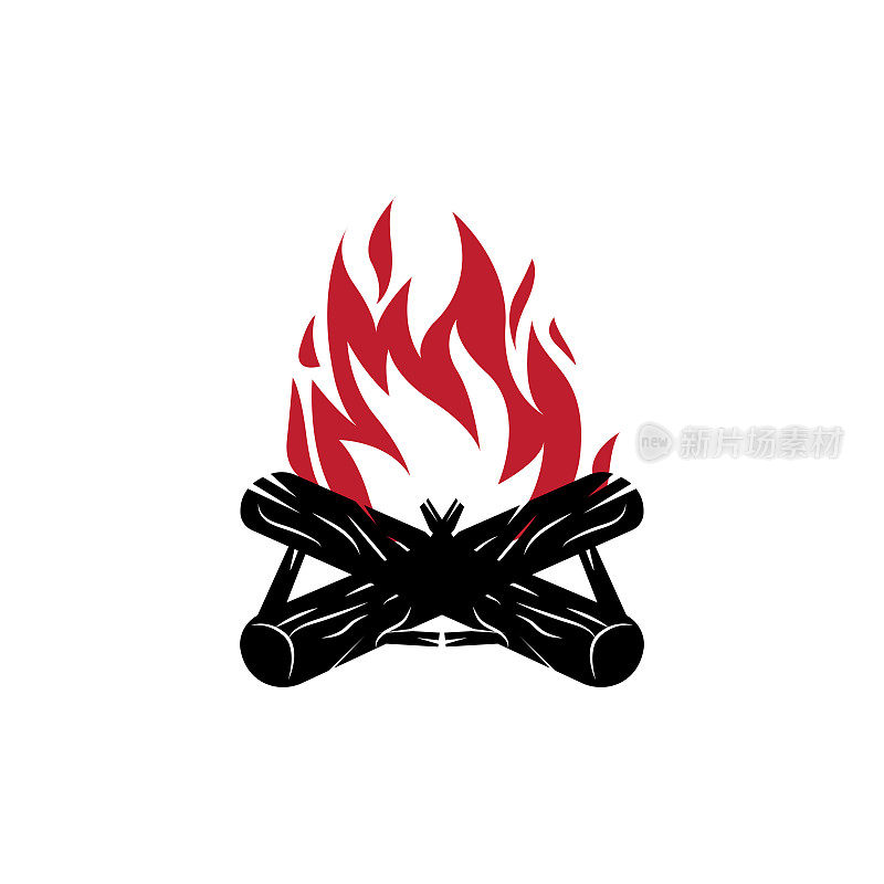 篝火标志，木材燃烧和火的设计，露营冒险复古