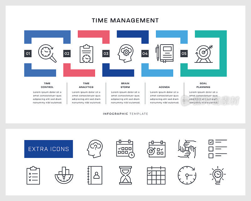 时间管理信息图表模板和线条图标