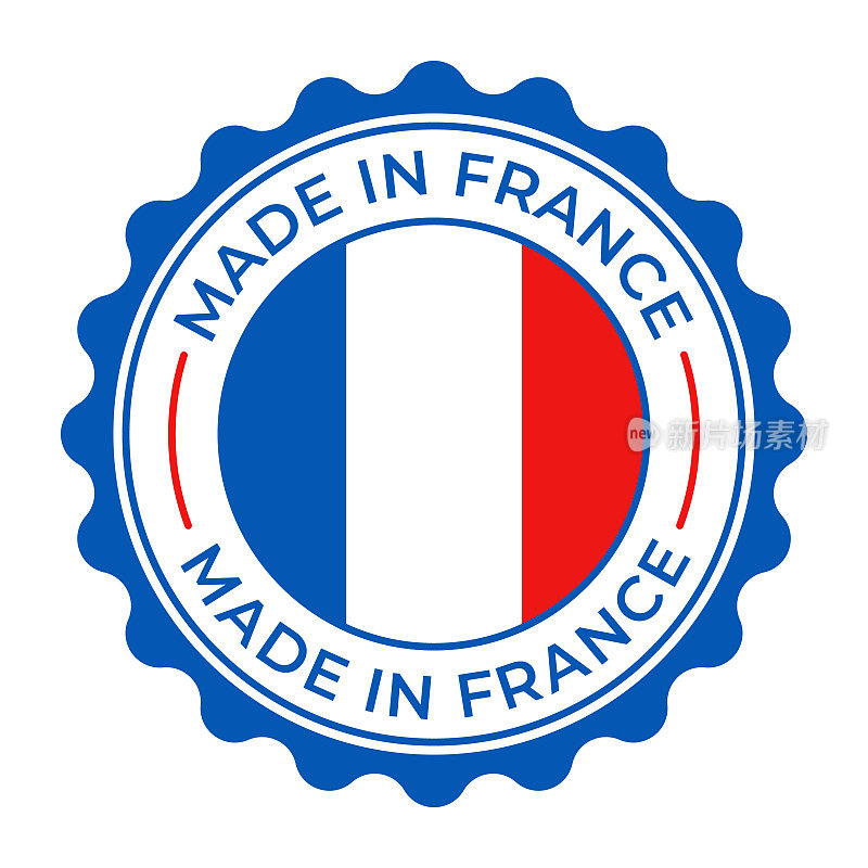 法国制造-矢量插图。标签，标志，徽章，徽章，邮票收集与法国国旗和文字隔离在白色背景上