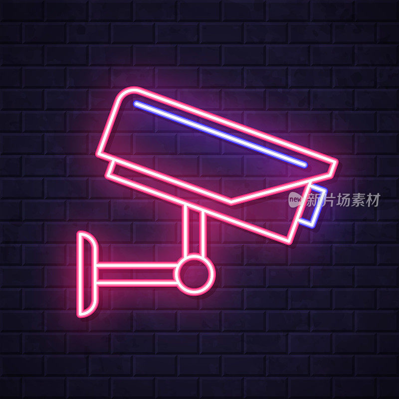 闭路电视――安全摄像头。在砖墙背景上发光的霓虹灯图标