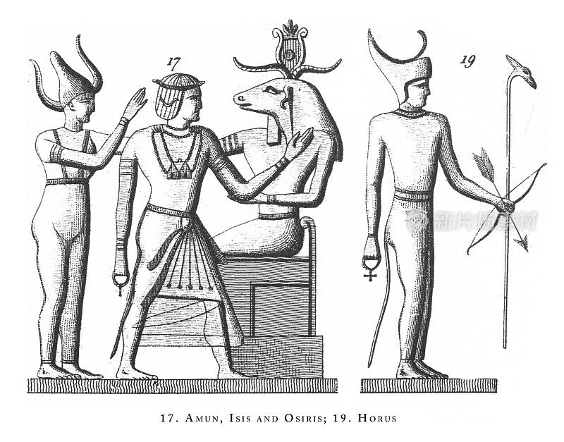 阿蒙，伊希斯，奥西里斯和荷鲁斯:埃及神和宗教符号雕刻古董插图，出版于1851年