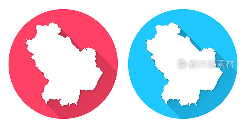 巴斯利卡塔地图。圆形图标与长阴影在红色或蓝色的背景
