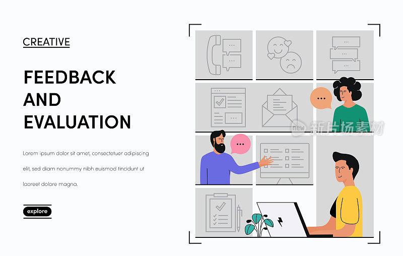 反馈和评估相关的矢量横幅设计概念。全局多球体随时可用的模板。网页横幅，网站标题，杂志，移动应用程序等。现代设计。