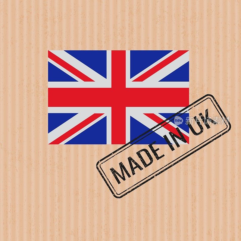 英国制造徽章矢量。英国国旗贴纸。油墨印章隔离在纸张背景上。