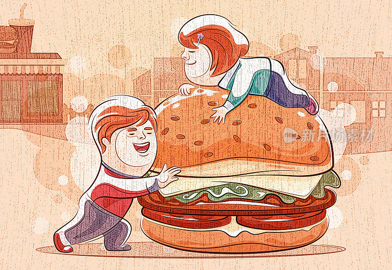 快乐的男孩和女孩拿着大汉堡
