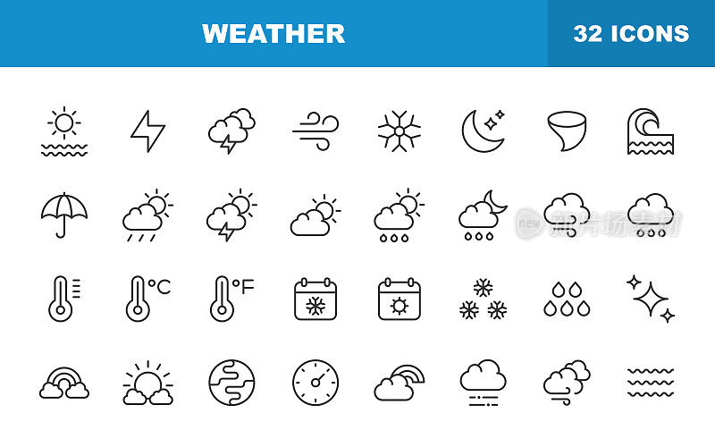 天气线图标。可编辑的中风。包含气候，云，生态，环境，雪，春，夏，太阳，雷，风，冬，雨等图标。