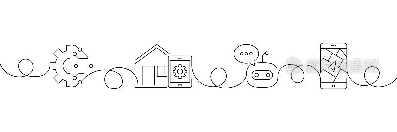 连续一条线绘制物联网图标概念。单线矢量插图。连接,数据,机器人,自动化。