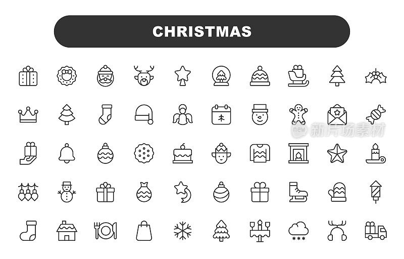 圣诞线图标。可编辑笔画，包含圣诞球，圣诞灯，圣诞树，圣诞花环，装饰，礼物，圣诞老人，雪人等图标。