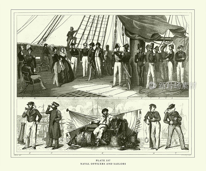 雕刻古董，海军军官和水手雕刻古董插图，1851年出版