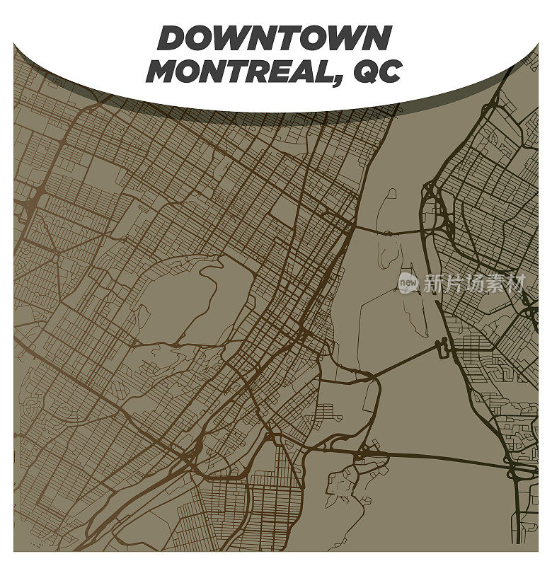 蒙特利尔市中心的复古棕色和米色街道地图
