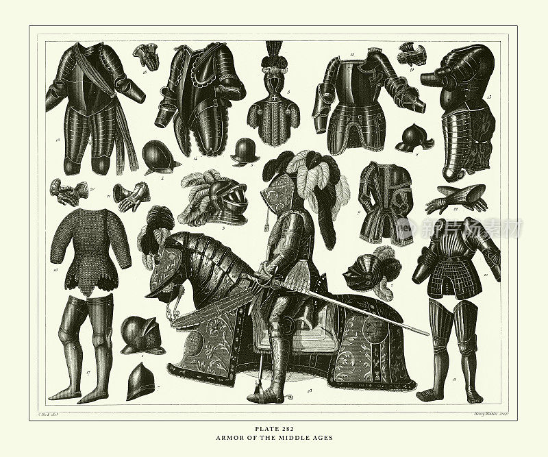 雕刻古董，中世纪盔甲雕刻古董插图，1851年出版