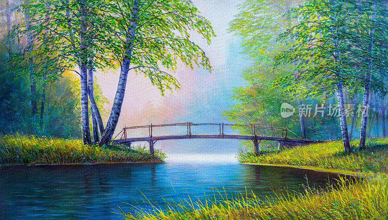 油画风景，美丽的河流。