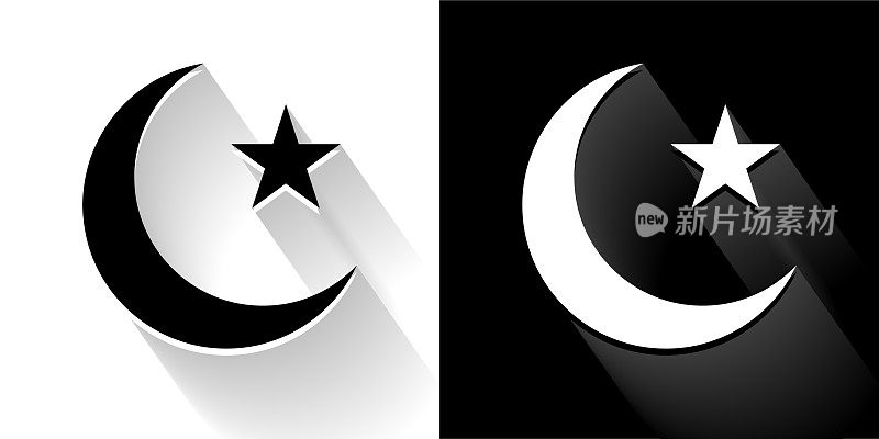 阿拉伯月亮和星星黑色和白色图标与长影子