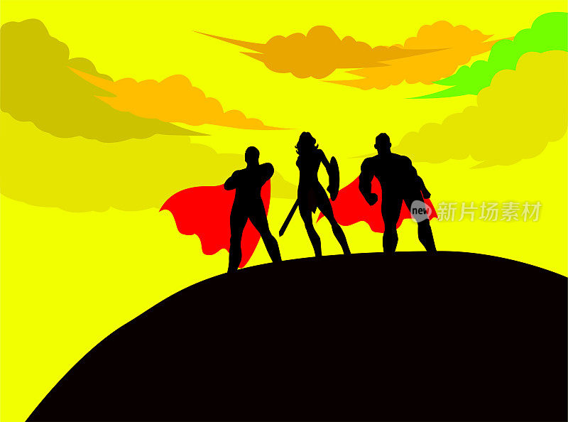 向量超级英雄三人剪影在山上与云的背景