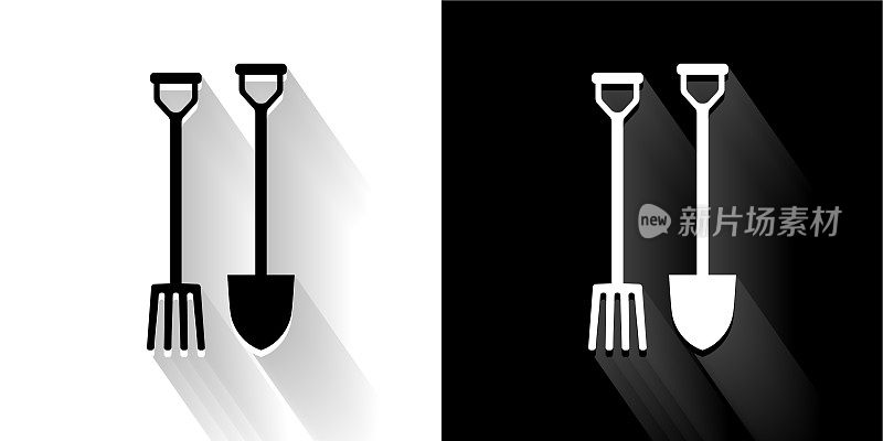 园艺铲和叉黑色和白色与长影子的图标