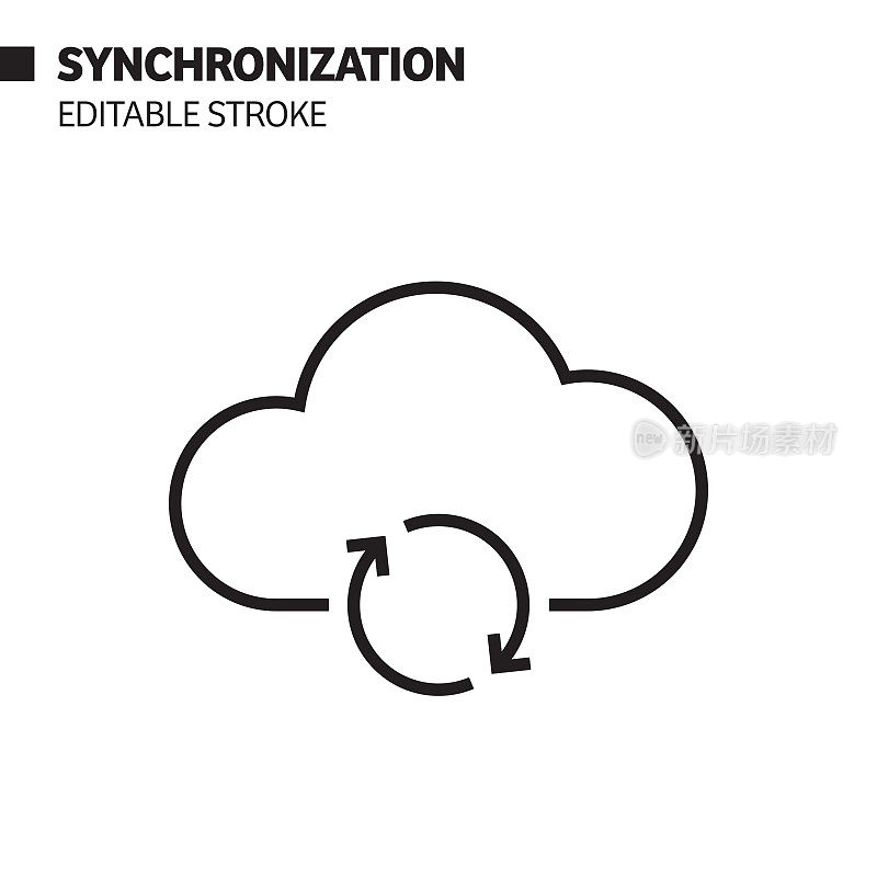 同步线图标，轮廓向量符号插图。完美像素，可编辑的描边。