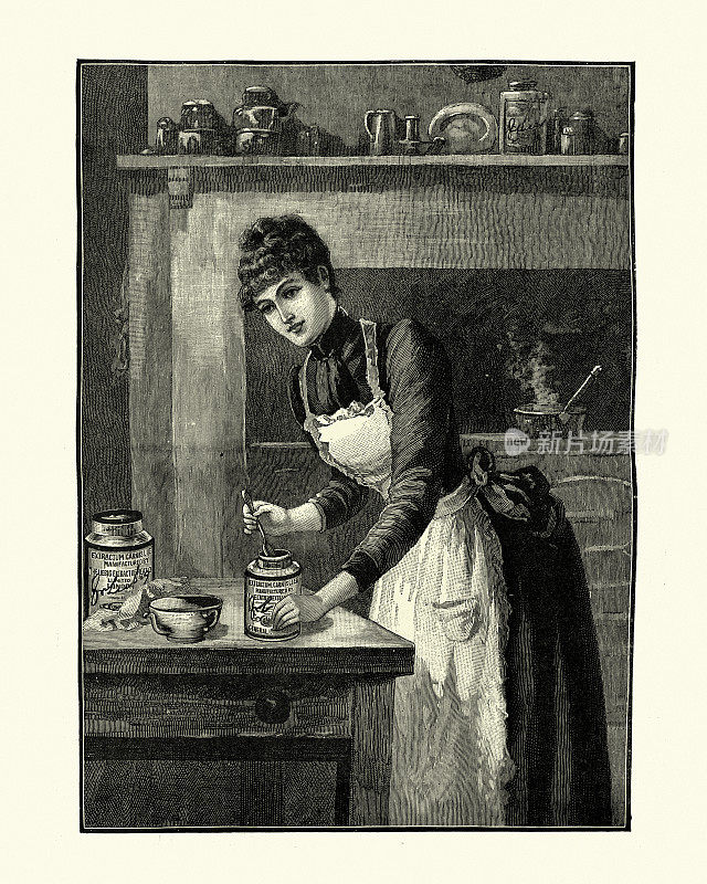 19世纪，维多利亚时代的年轻女子在厨房里做饭
