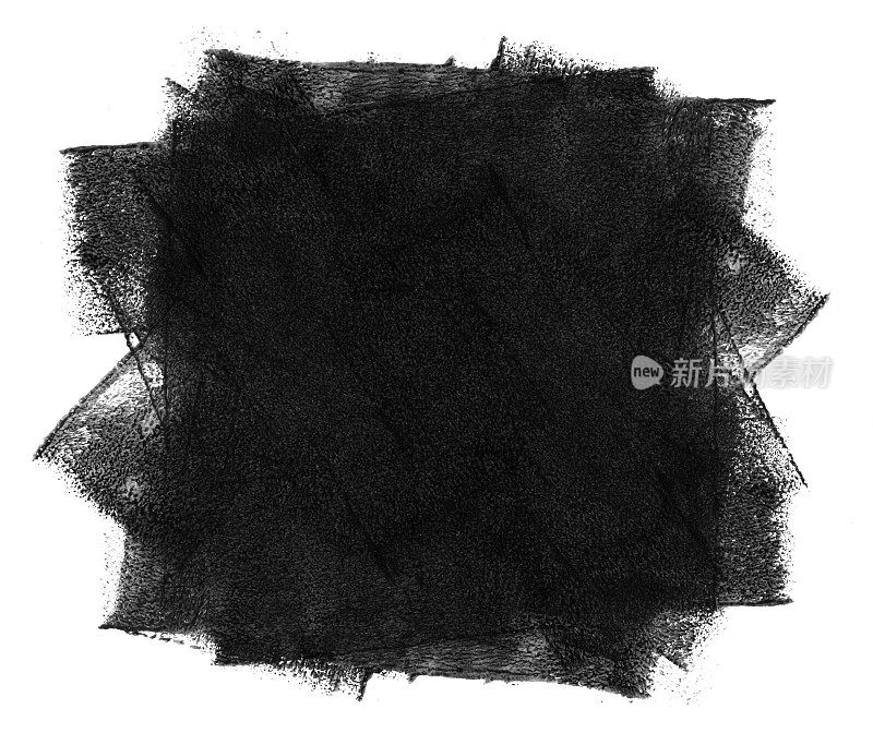 大的黑色方块孤立在白纸背景的中间，不规则不均匀的未完成的边缘由油漆辊手绘和厚黑色丙烯酸漆-抽象矢量插图