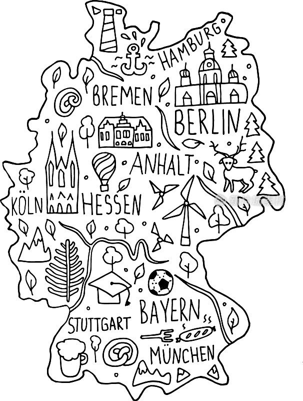 手绘涂鸦德国地图。德国城市的名字，字母和卡通地标，